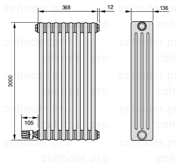 Схема (чертеж) Радиатор Zehnder Charleston 4300/8 №V003 Белый глянцевый RAL 9016